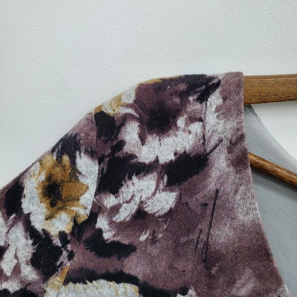 Womens L Boho Floral Mini Dress Long Sleeve Purple Yellow V-Neck Tunic Lined - Picture 11 of 15